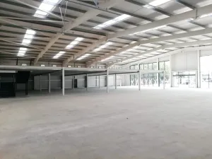 Interior of a Steel Framed Building, Wide open room with large glass windows and a mezzanine floor.