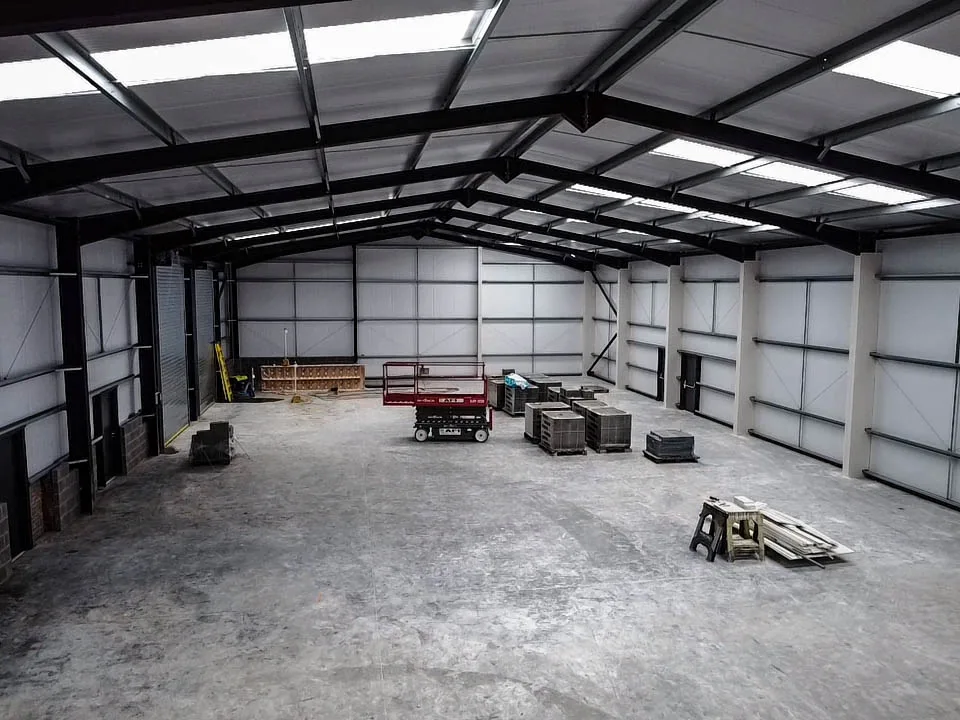 The internal view of a Steel Framed Building which is to be used as a workshop & MOT building