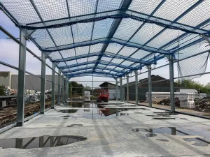 Cold Rolled Steel Frame Skeleton Health and Safety Netting on the roof to prevent falling injury complying with CDM Regulations 2015